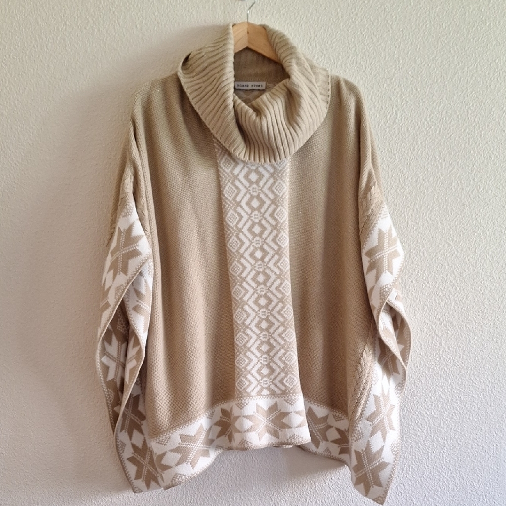 BLACK RIVET Knitted Cowl Neck Poncho Sweater in Tan & White